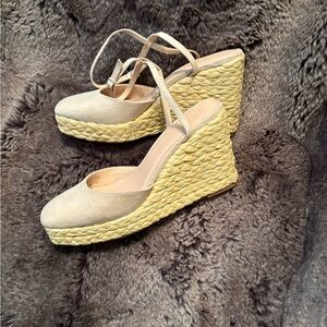 LOFT Cream and Yellow Wedge Espadrilles with Ankle Ties